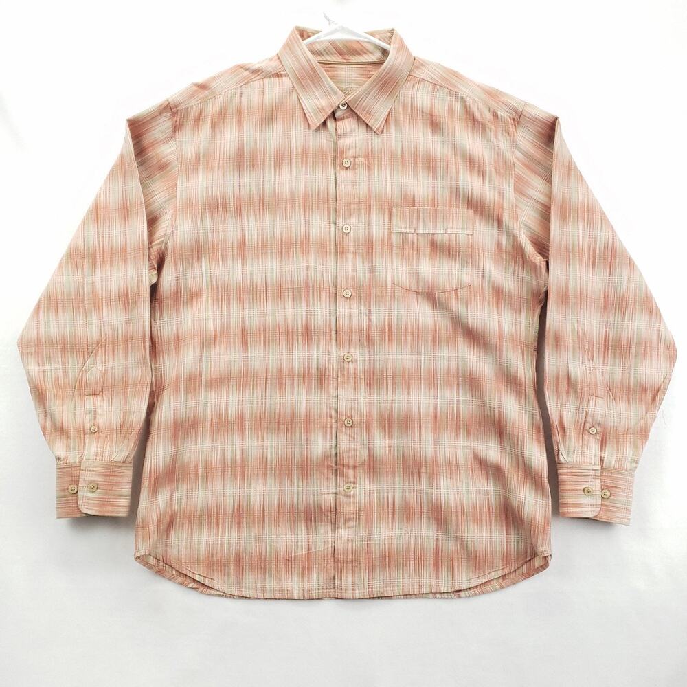 Tommy Bahama Shirt Mens XL Orange Green Plaid Button Up Cotton Silk Long Sleeve